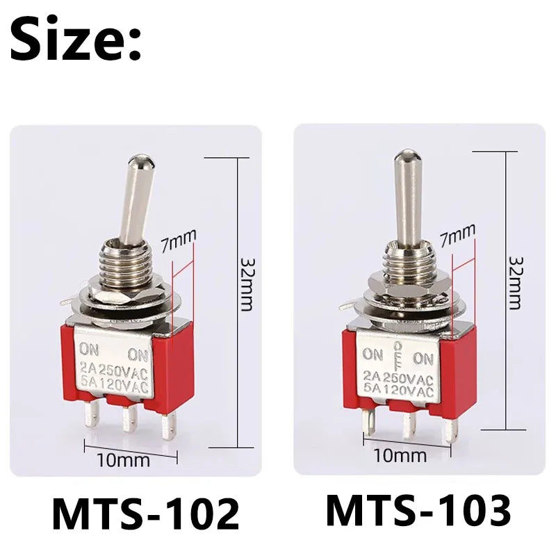 5Pcs Miniature Toggle Switch Single Pole Double Throw ON-OFF-ON /ON-ON 120VAC 6A 1/4 Inch Mounting MTS-102 103