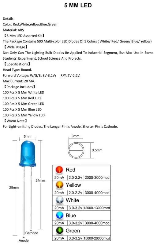 500Pcs Box 5mm LED Diode Yellow Red Blue Green White Assortment Light DIY Kit Light Emitting Diode Set