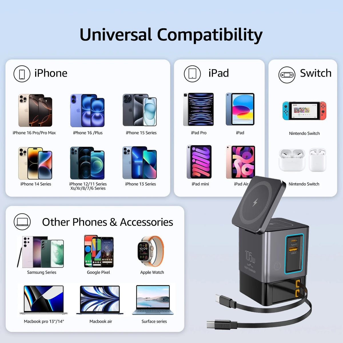 GaN 6 in 1 105W Magnetic Wireless Charger Stand 15W Fast Wireless Charging Desktop Dock Station For iPhone16 15 14 13 Airpod