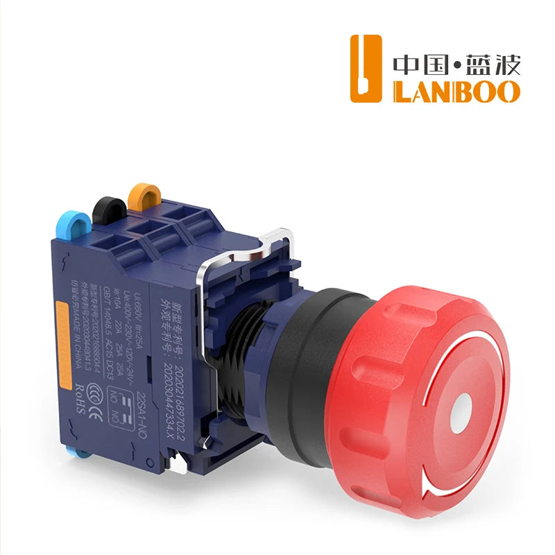 LANBOO 22mm Emergency Stop Button Waterproof Quick Plug Big Head Red Metal with LED Indicator Light 2NC E-Stop Switch for Indust