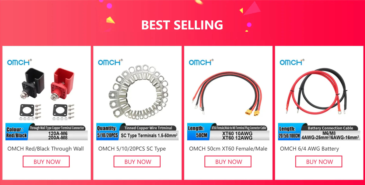 OMCH Red/Black Through Wall Type Copper Terminal Connector 120A 200A High-Current Lithium Battery Energy Storage Terminal