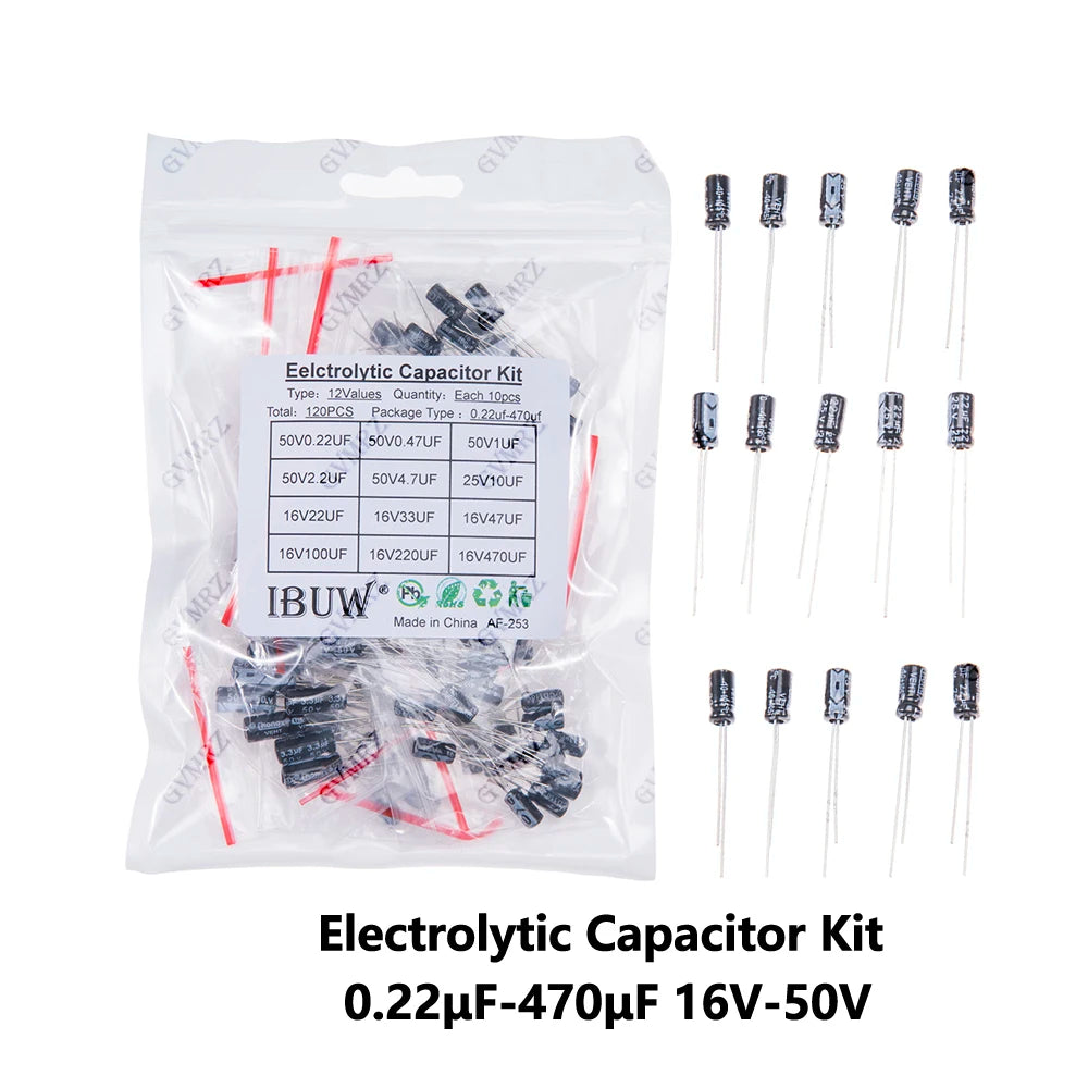 120PCS 12Values Electrolytic Capacitor Kit (0.22μF-470μF 16V-50V) for DIY Electronic Circuit Project 0.22uF 22uF 100uF 33uF 47uF