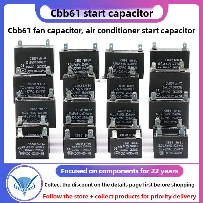CBB61 Fan Air Conditioner Starting Capacitor 450V 1/1.2/1.5/2/2.5/3/3.5/4/4.5/5/6/7/8/10/12UF Ceiling Fan Hood Motor Capacitor