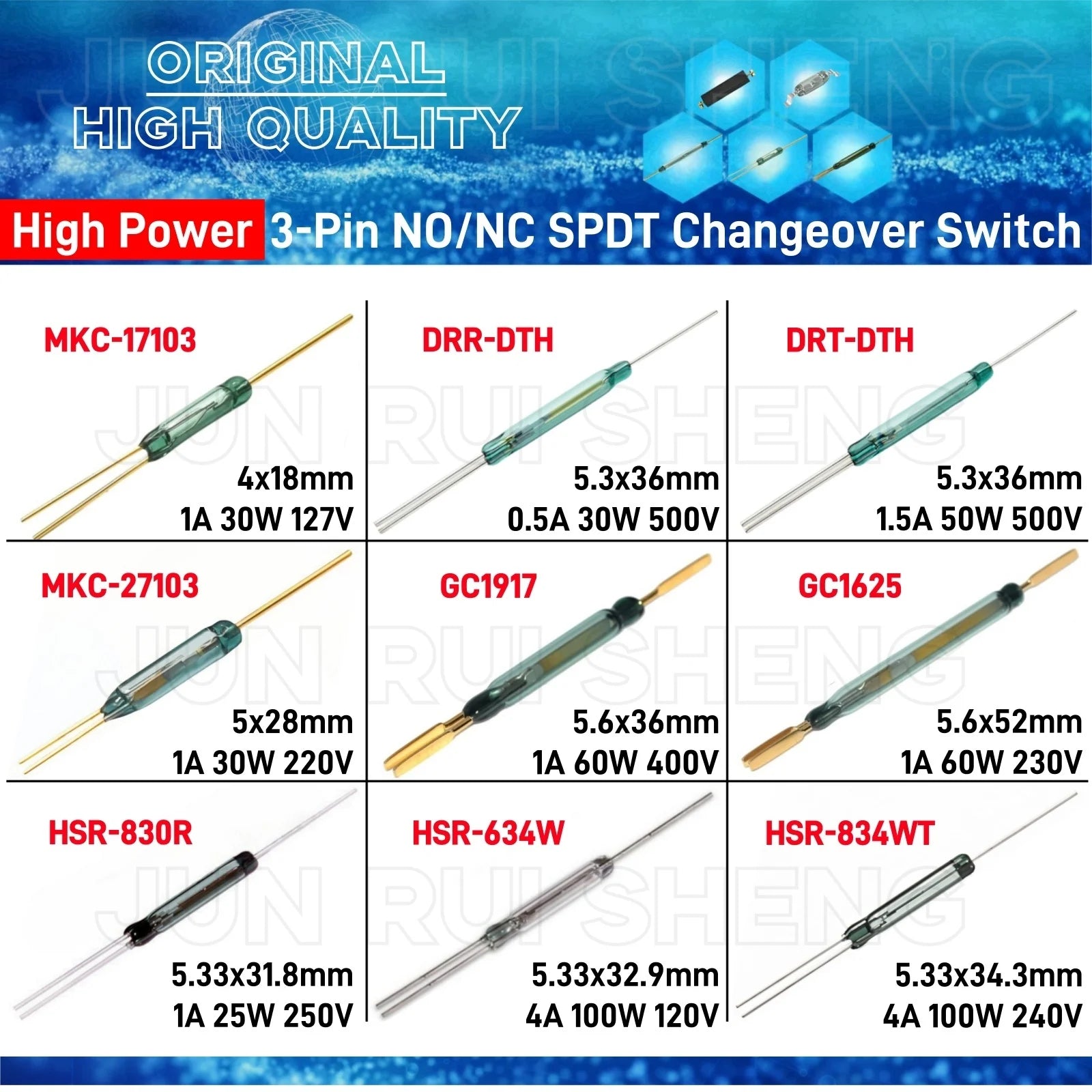 High Power SPDT Reed Switch 3 Pin 120V 127V 220V 230V 250V 400V 500V Voltage Normally Open/Closed NO/NC Magnetic Contact Sensor