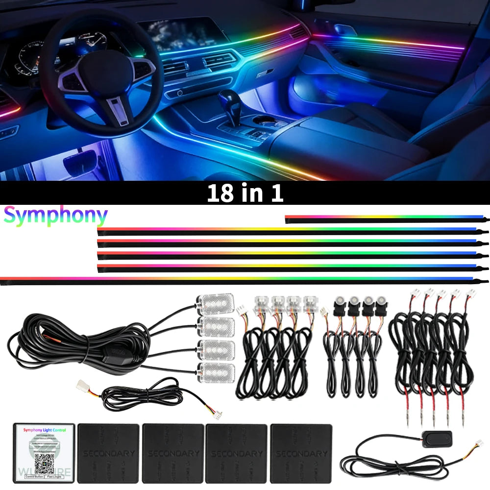 Symphony Car Ambient Lights Kit 18 in 1 LED Interior RGB APP Control Acrylic Guide Strip Light Auto Atmosphere Lamp