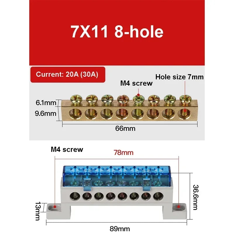 A10 Series 7*11 9*14 3/4/5/6/7/8/10/12 Hole Zero Ground Row Copper Bar Connection Terminal Wiring Terminal of Distribution Box