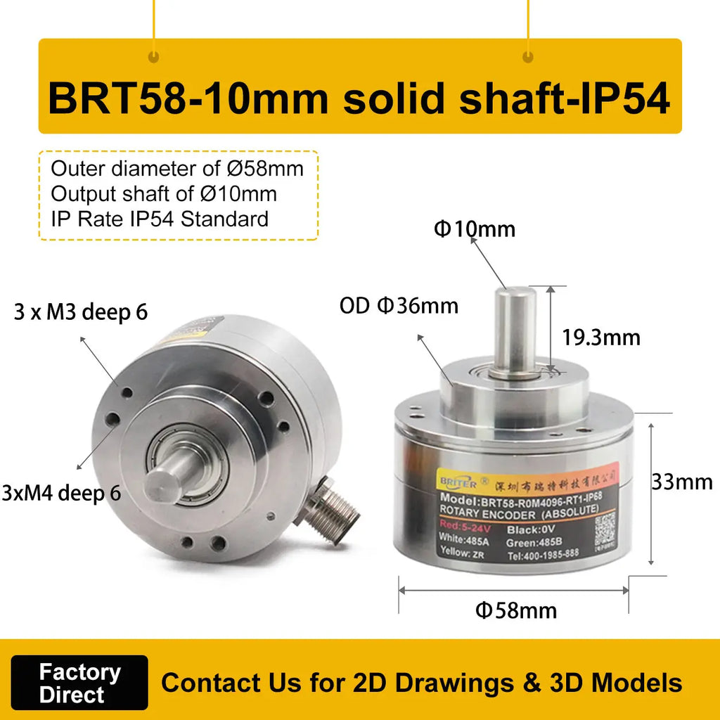 Briterencoder Single-turn Absolute Rotary Encoder SSI/RS485/Analog Output Waterproof, Power-Off Memory for Angle  & Speed