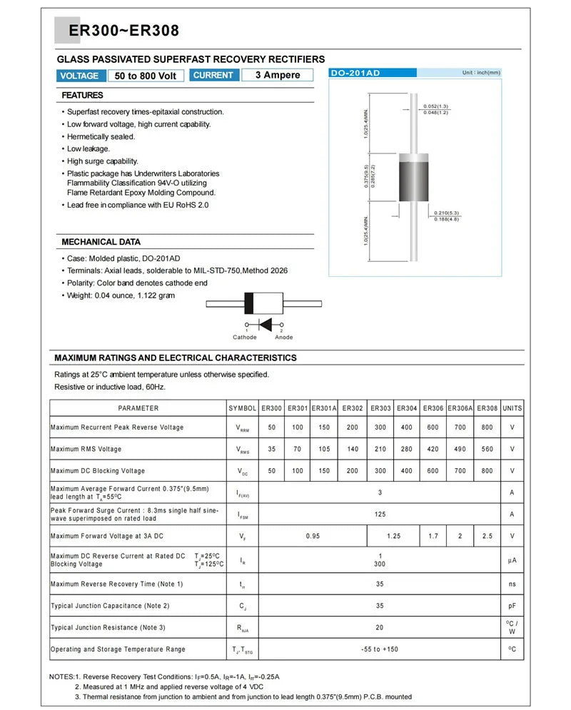 20PCS ER202 ER204 ER206 ER302 ER304 ER306 ER502 ER504 ER506 2A 3A 5A 200V 400V 600V Super Fast Recovery Rectifier Diode