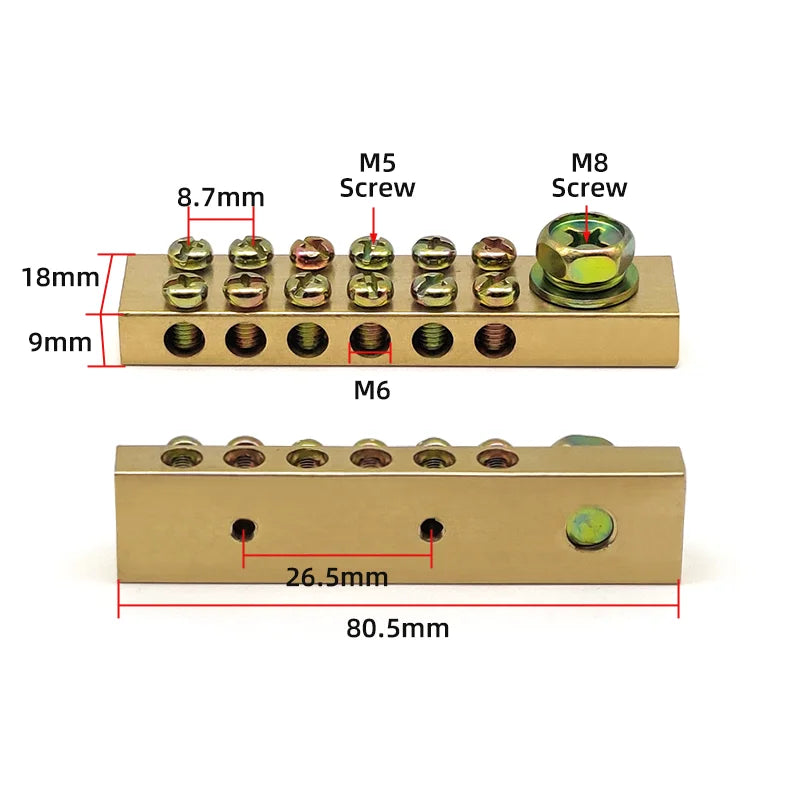 Terminal Block 10*18mm 8/10/12/16/20/24/30/40/50 Way One In Multiple Out High Current Double Neutral Ground Connector Brass Bar