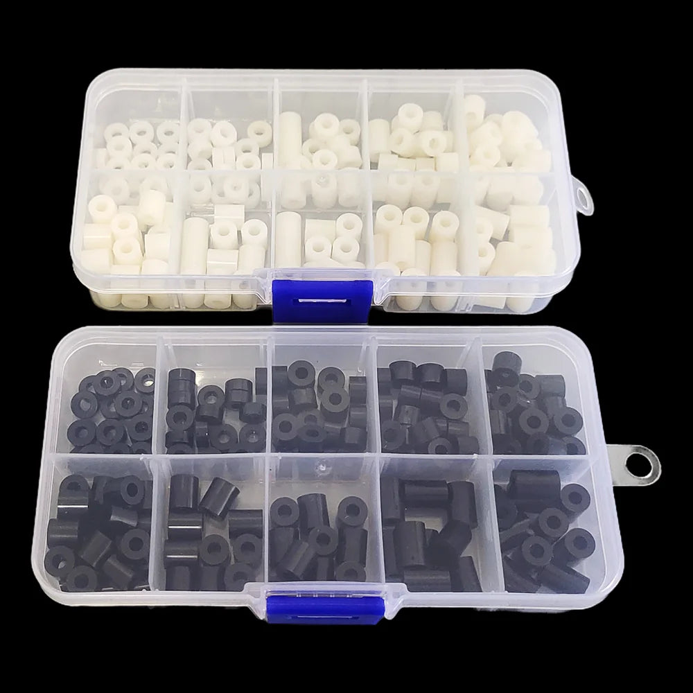 140pcs/box M3 Nylon Spacer Kit Black White ABS Plastic Non-Threaded Hollow Standoff Assortment OD7mm ID3.2mm Washer Set