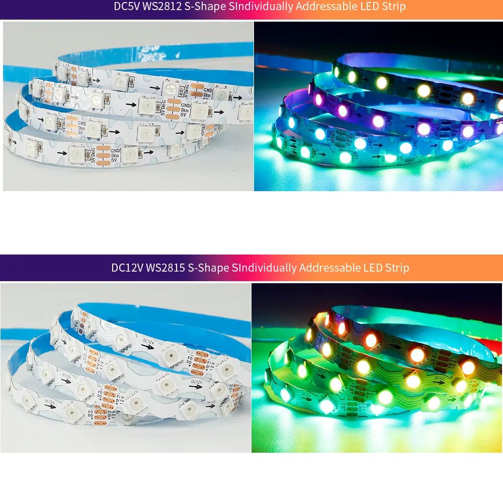 WS2812B WS2815 S-Shape Individually Addressable LED Strip Light 60LEDs/m Smart RGBIC Dream Color S Bendable 8mm Pixels Tape Bar