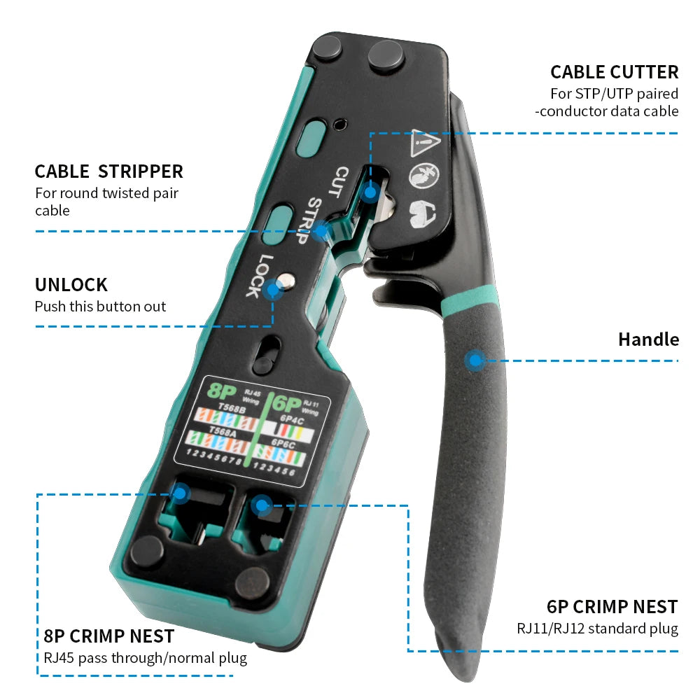 RJ45 Crimp Tool RJ12/11 Crimper Plier Pass Through Ethernet Stripping Crimping Tool for Cat6 Cat5 Cat5e RJ45 Connectors
