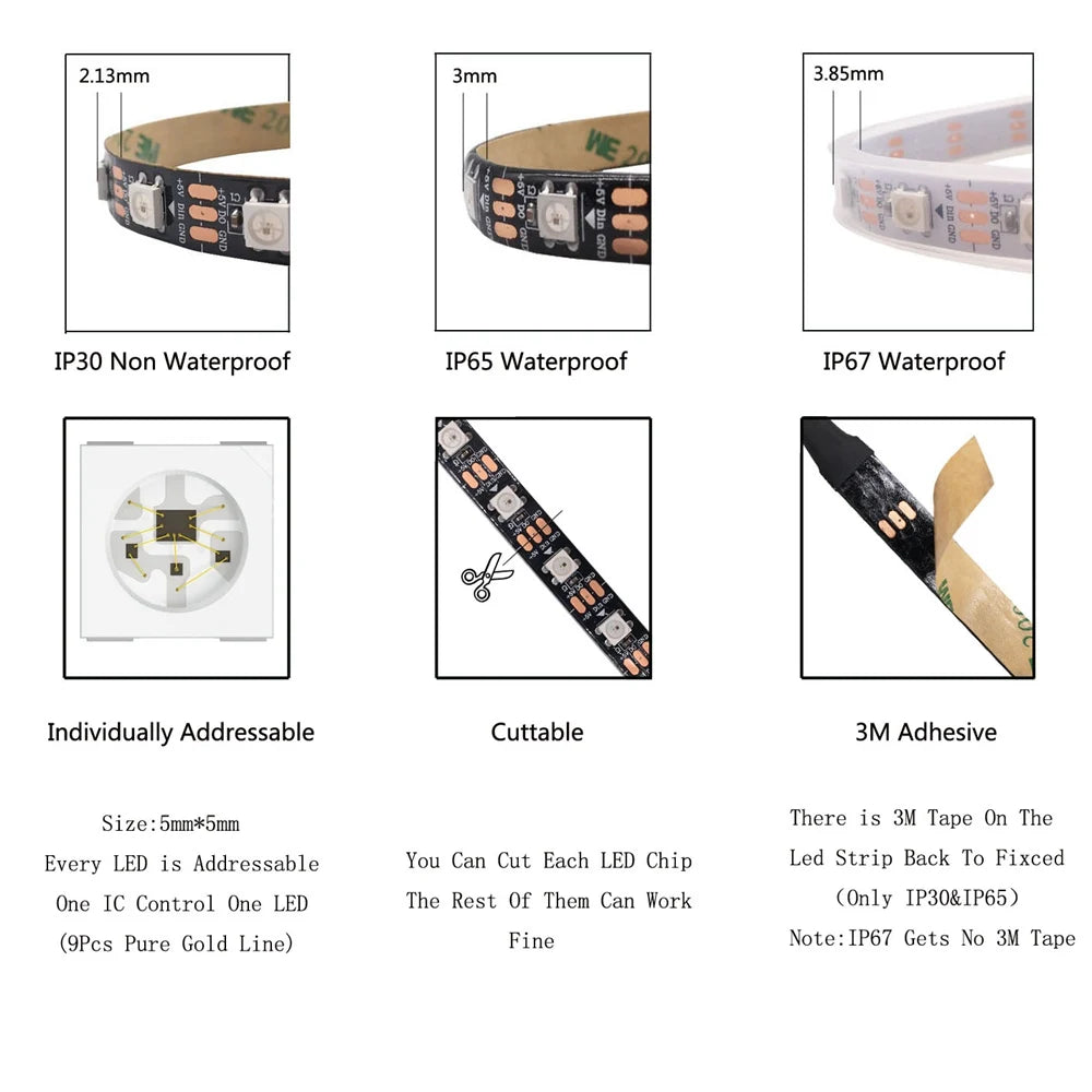 DC5V WS2812B Led Strip Light 30/60/74/96/144 LEDs/m Individually Addressable Smart 5050 RGB WS2812 Pixels Led Light IP30/65/67