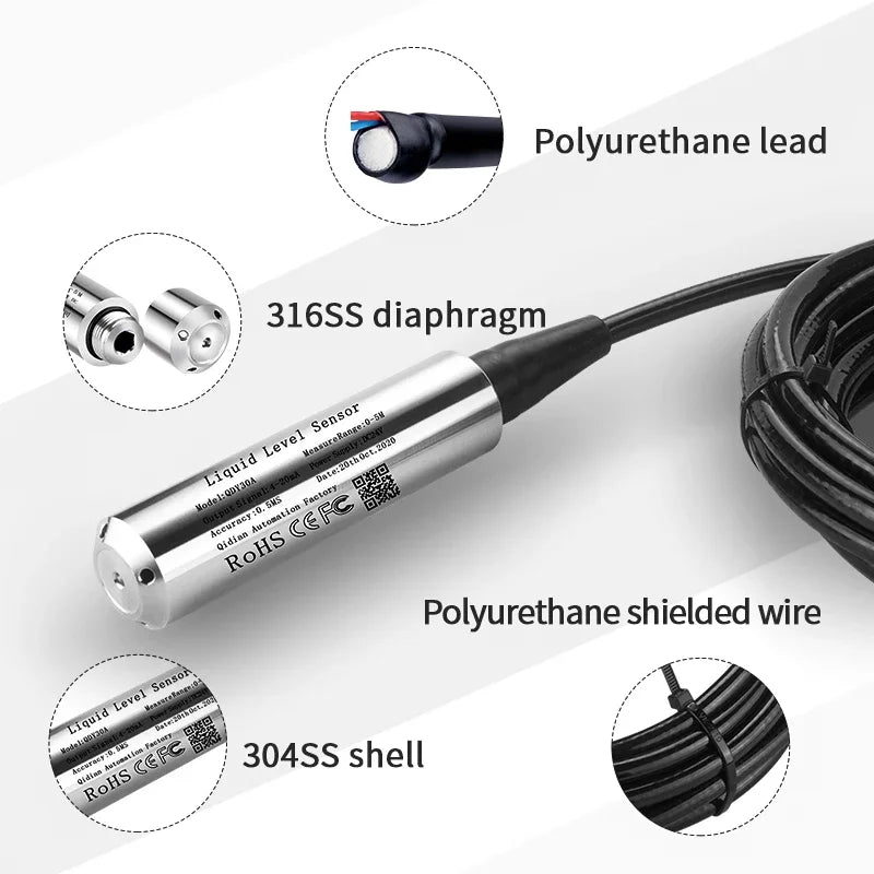 0-500M Range Hydrostatic Liquid Level Transmitter 4-20mA 0-10V 0-3.3V Output Water Pressure Level Sensor Probe 0-5M 10M 15M 50M