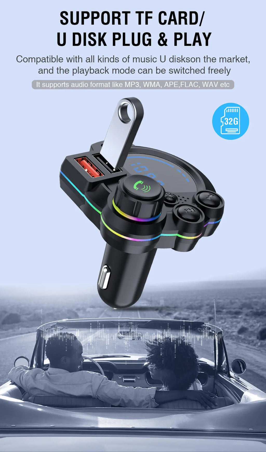 Bluetooth 5.3 FM Transmitter Handsfree Car AUX Radio Modulator MP3 Player with QC3.0 & PD20W Fast Charge Adapter Car Accessories