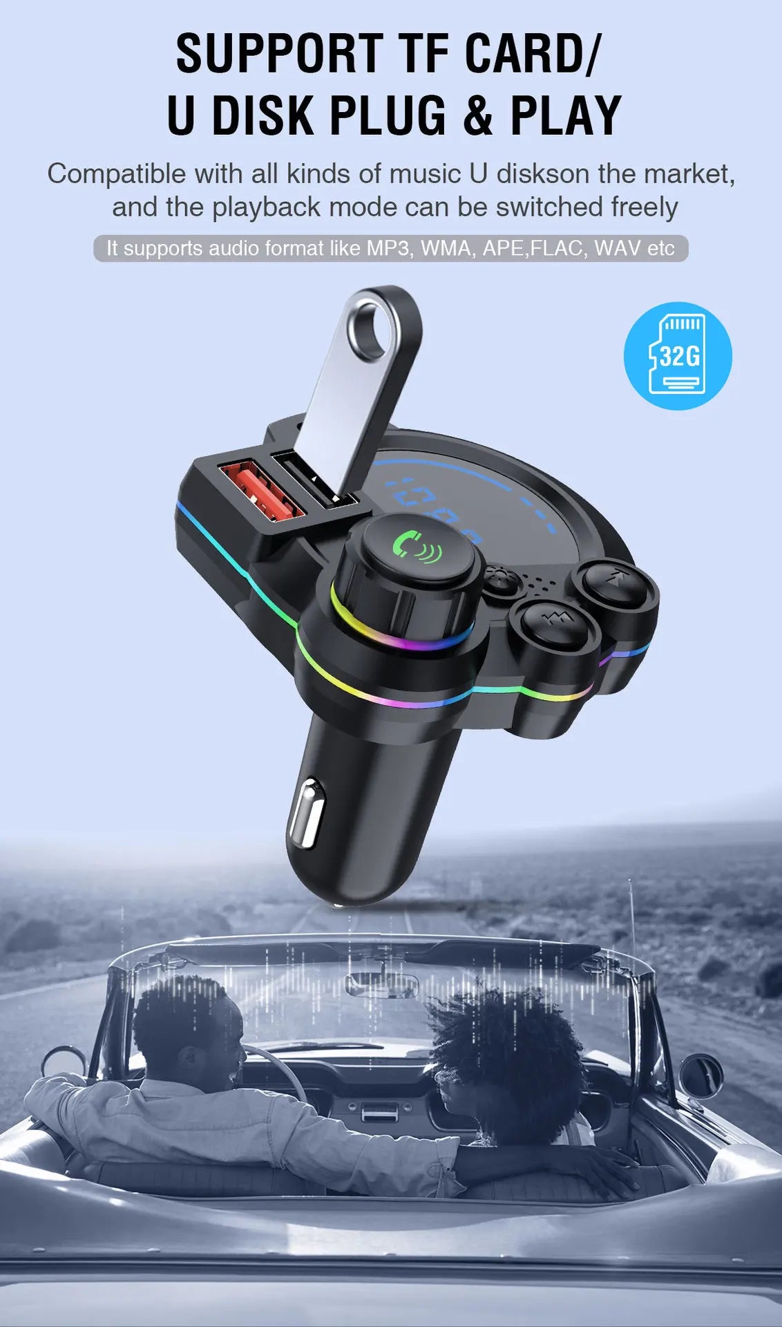 Bluetooth 5.3 FM Transmitter Handsfree Car AUX Radio Modulator MP3 Player with QC3.0 & PD20W Fast Charge Adapter Car Accessories