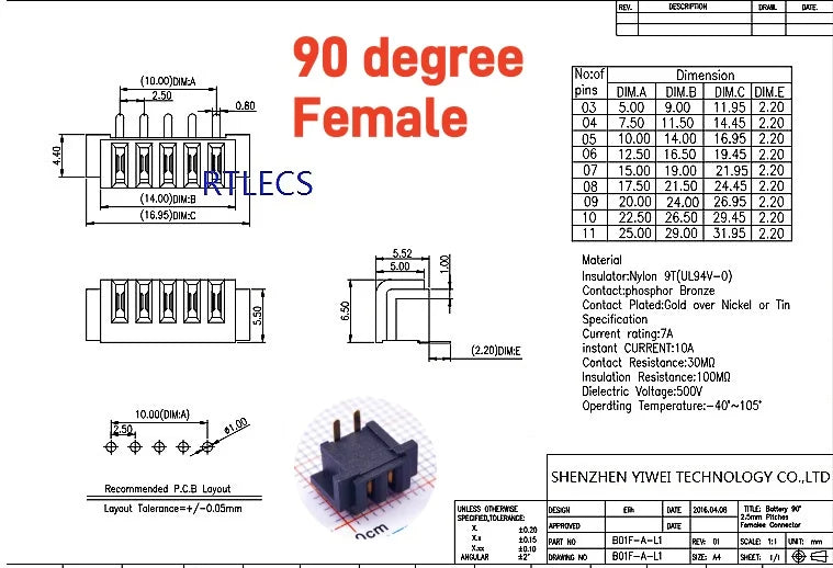 5/20 Pcs Pitch 2.5 MM 8 Positions Female Blade Socket Receptacle Male Header Battery Connector Right Angle Through Holes 7A