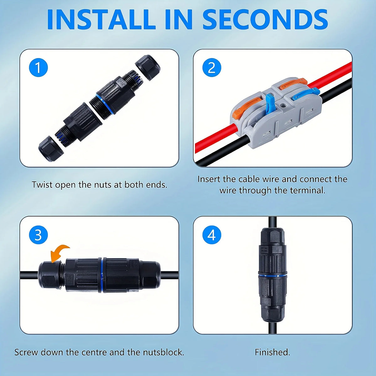 5Pcs Ip68 Waterproof Cable Connector Quick Connection 2 in 2 Out /3 in 3 Out Electrical Terminal Adapter Wire Connector