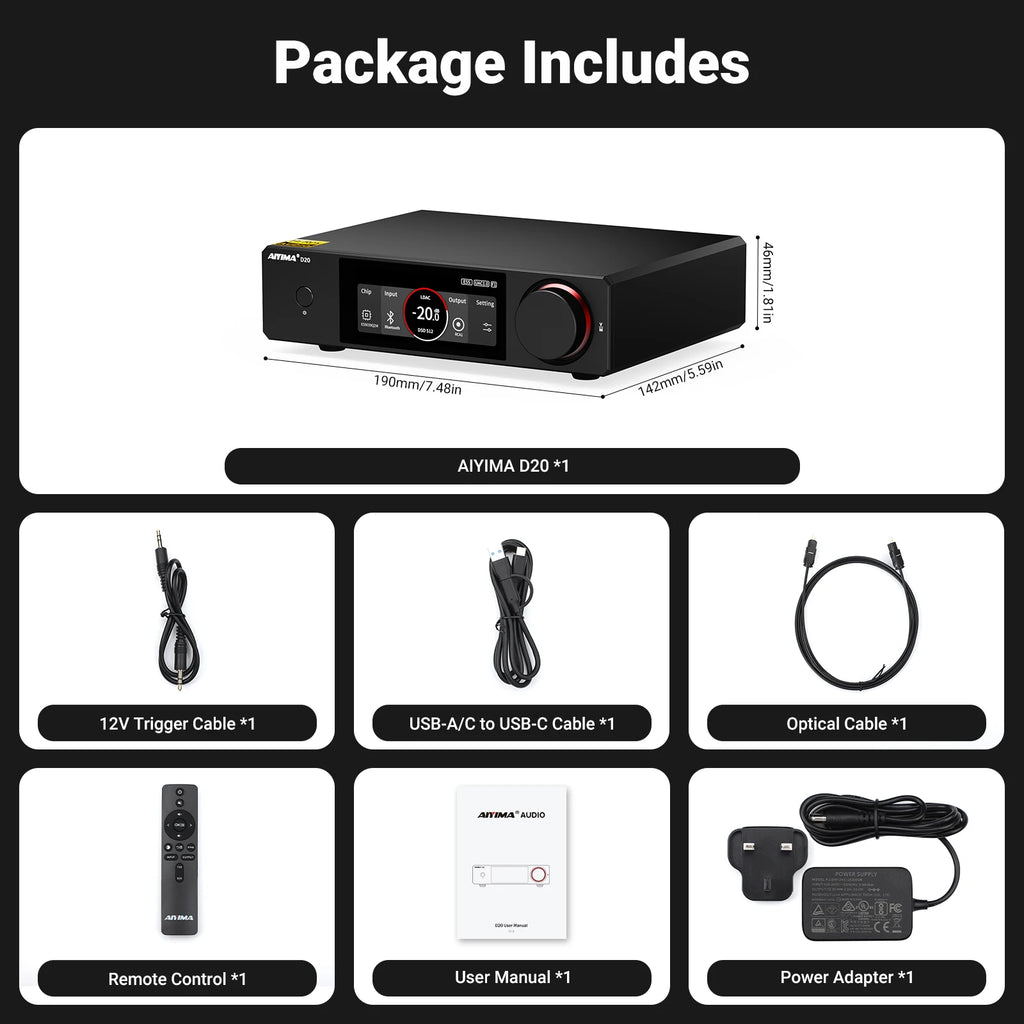 AIYIMA D20 HiFi DAC Decoder AK4493SEQ ES9039Q2M XMOS XU316 USB DSD512 Bluetooth 5.1 LDAC RCA XLR Audio Converter VU Meter