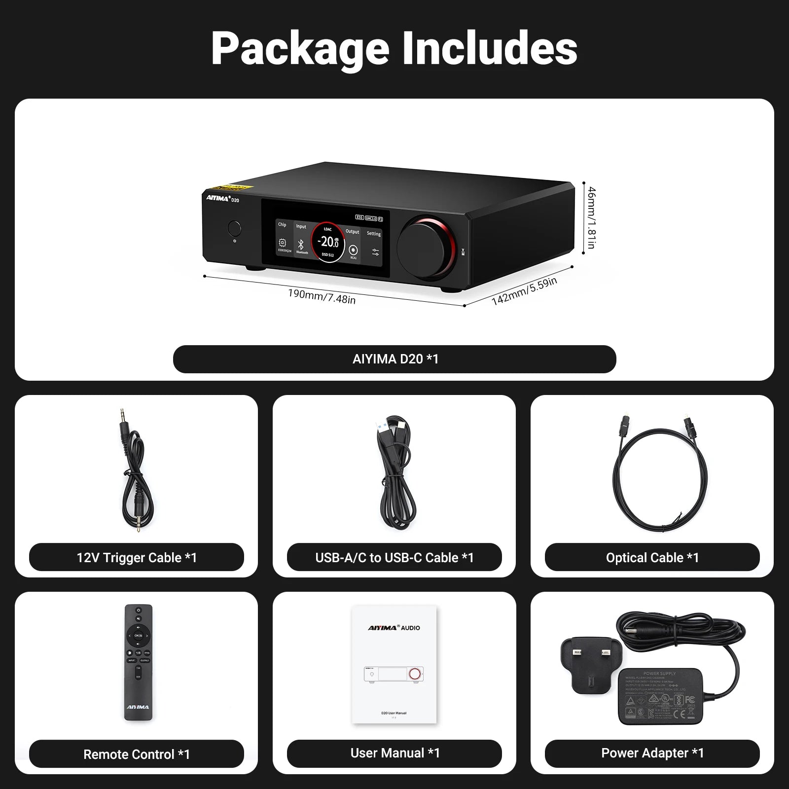 AIYIMA D20 HiFi DAC Decoder AK4493SEQ ES9039Q2M XMOS XU316 USB DSD512 Bluetooth 5.1 LDAC RCA XLR Audio Converter VU Meter