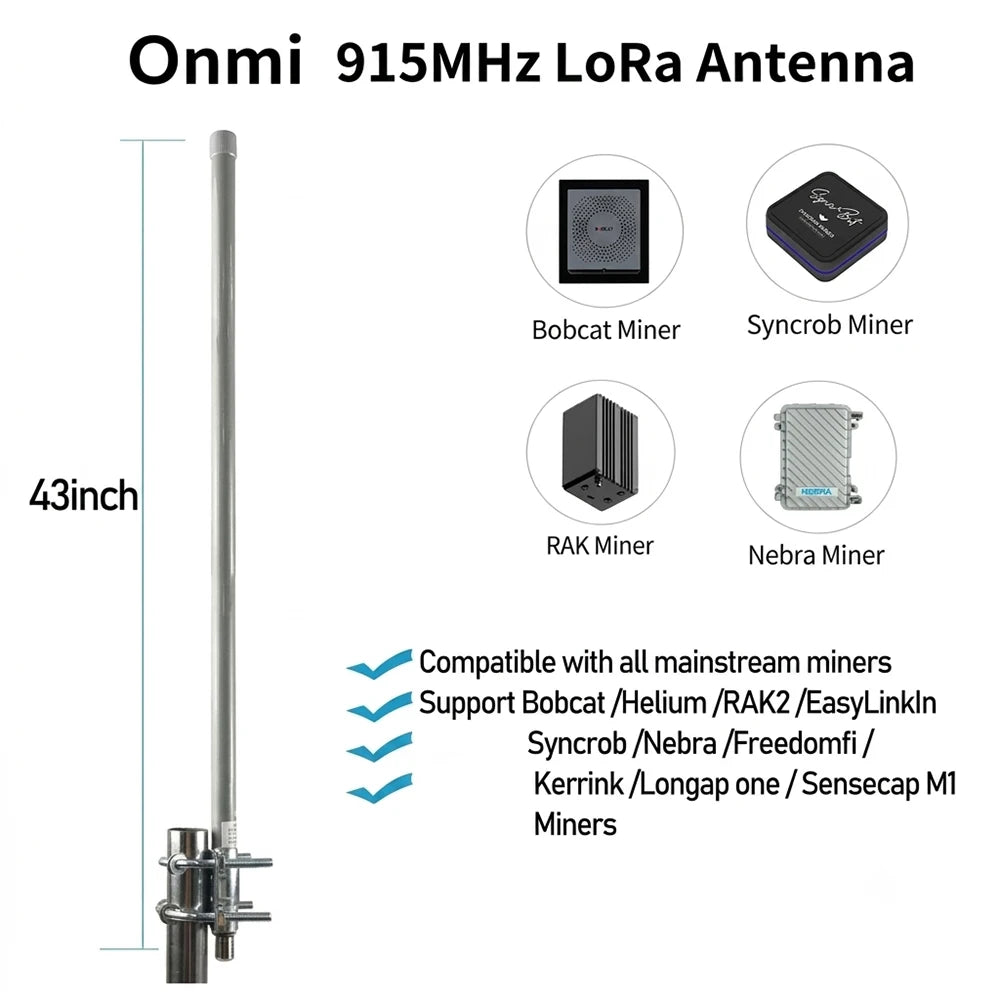 915MHz & 868MHz,12dbi High-Gain LoRa & GSM Antenna for Hotspots & Miners,N-Female Connector,43inch Length,with 32ft RP-SMA Cable