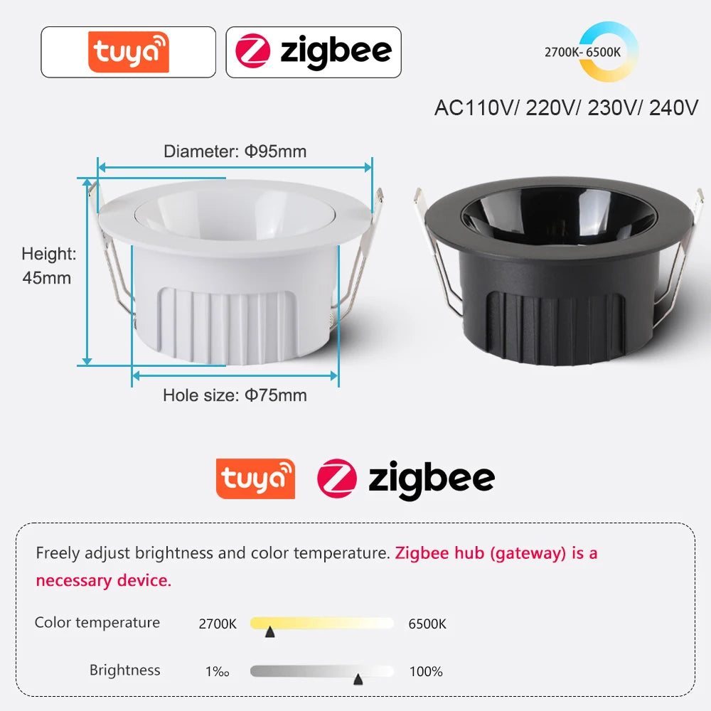 Recessed Round LED COB Ceiling Spot Light 5 CCT Switchable/ Tuya BLE/ Zigbee/ DALI Fixtures Lighting Indoor Smart Lamp Lighting
