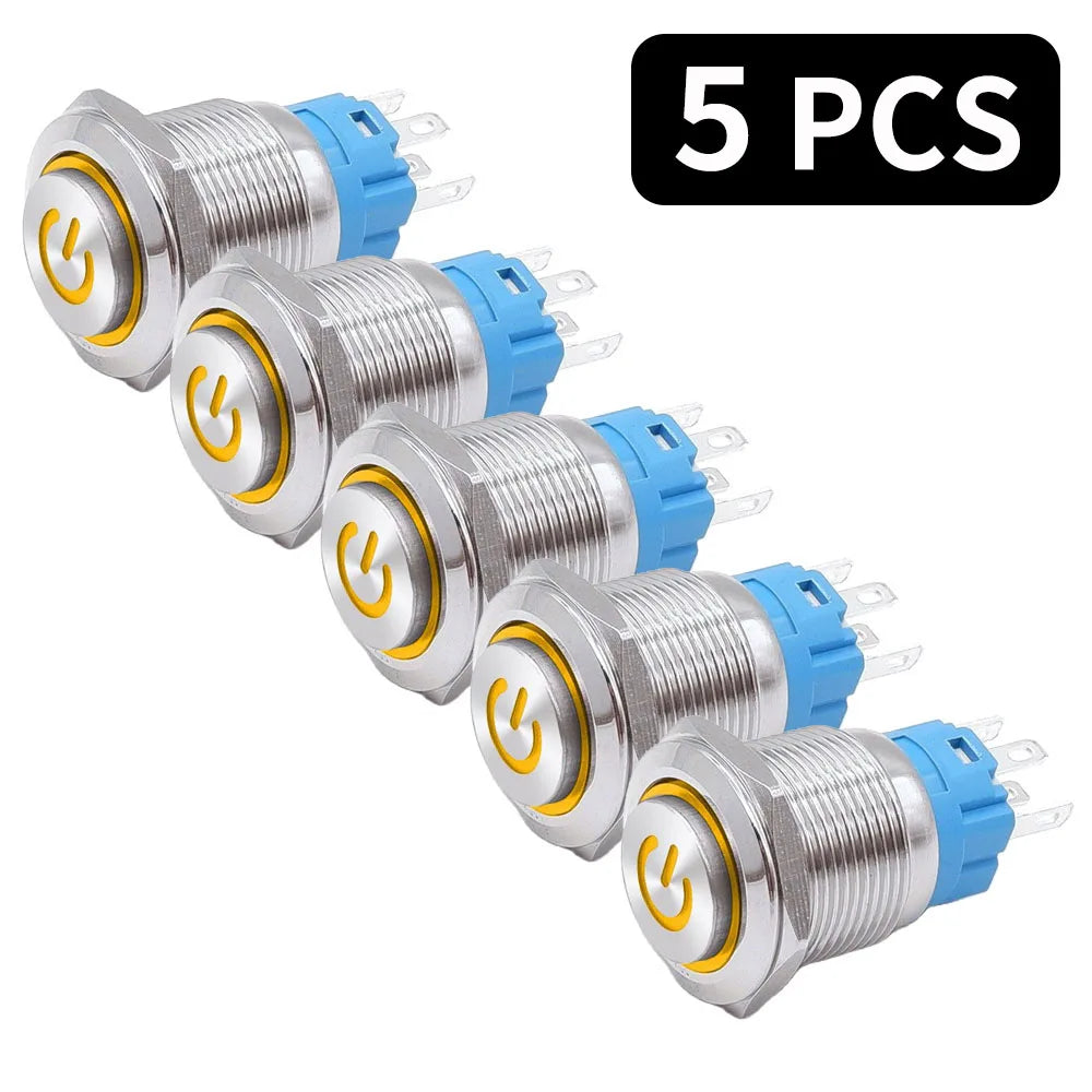 5 PCS 16mm 19mm 22mm Metal Push Button Switch 12v Ring Power Buttons Waterproof LED Light Self-lock Self-reset 220V High Head