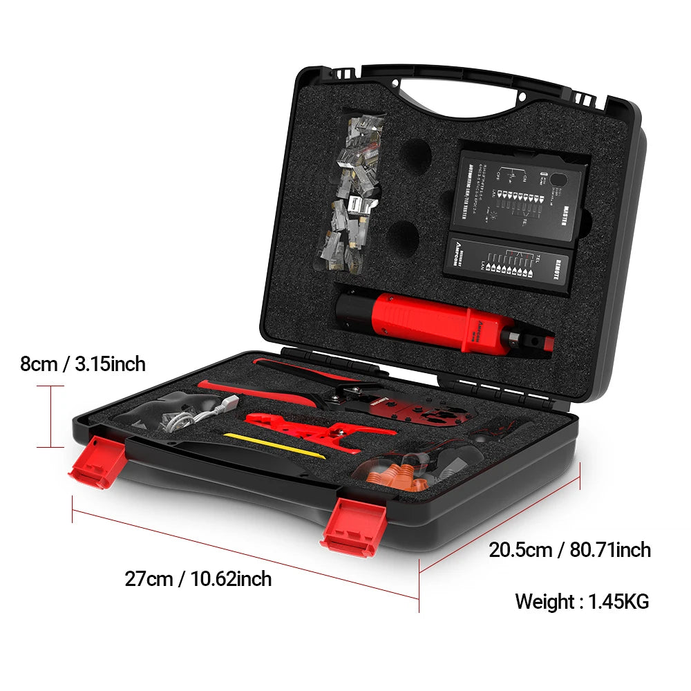 AMPCOM RJ45 Crimper Lan Tester Tool Set Ethernet Cable Stripper Punch Down Tool RJ 45 RJ11 Connectors 12 in 1 Cabling Repair Set