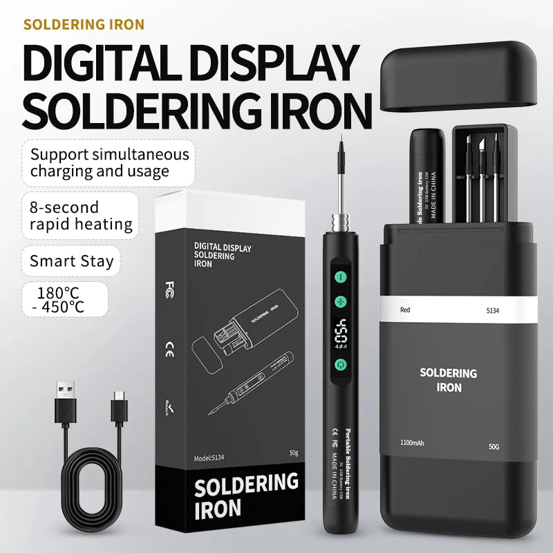 JCD Wireless Soldering Iron Portable 180-450 °C Adjustable Temperature built-in battery with 3Tip Soldering Tool Kit USB-5134