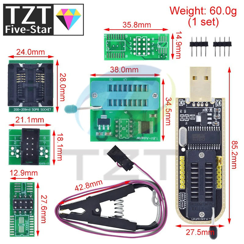 CH341A CH341B 24 25 Series EEPROM Flash BIOS USB Programmer Module + SOIC8 SOP8 Test clip + 1.8V adapter + SOIC8 Adapter DIY KIT