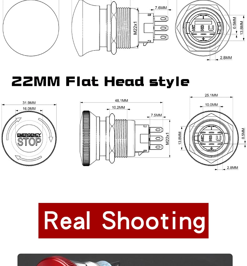 1PCS 16mm19mm22mm Metal Emergency Stop Button Switch Waterproof Mushroom Head Self-locking 3Pins 1NO1NC 6Pins 2NO2NC