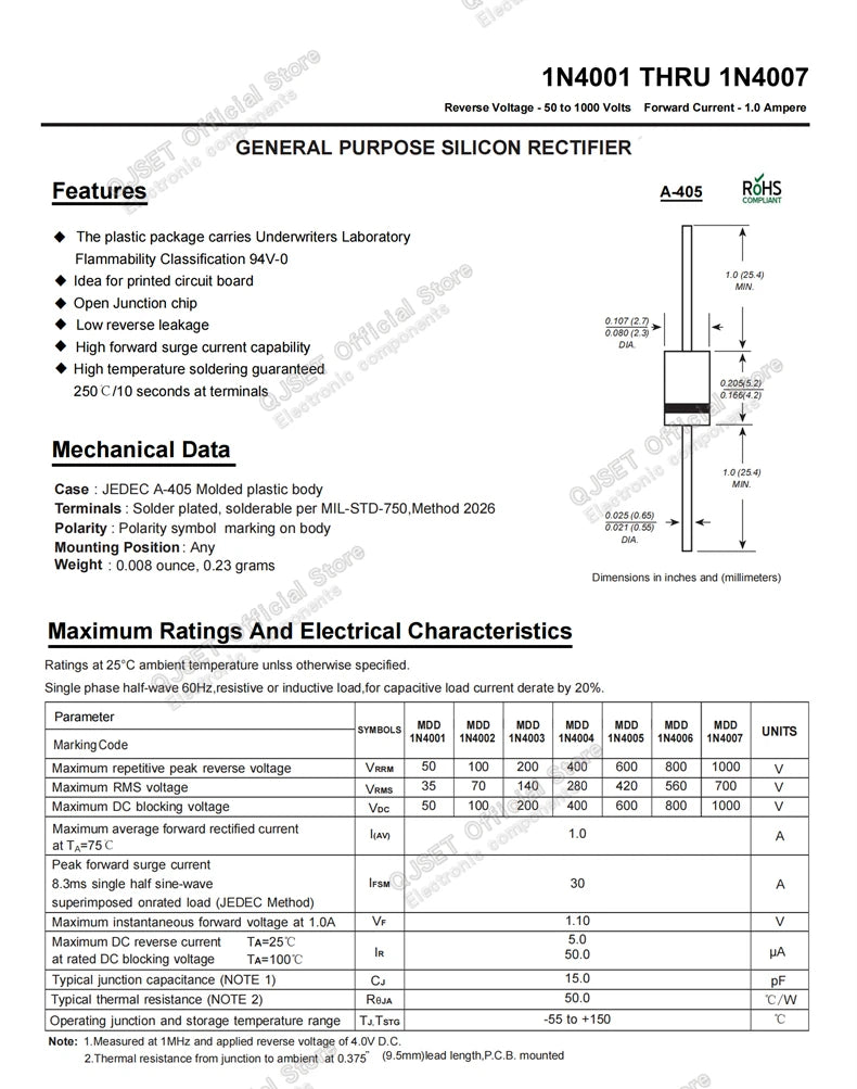 20pcs DIP Rectifier Diodes IN4007 IN4001 IN4002 IN4004 IN4005 1A 1200V 50V 100V 400V 600V DO-41 1N4007 1N4001 1N4002 1N4004 4005