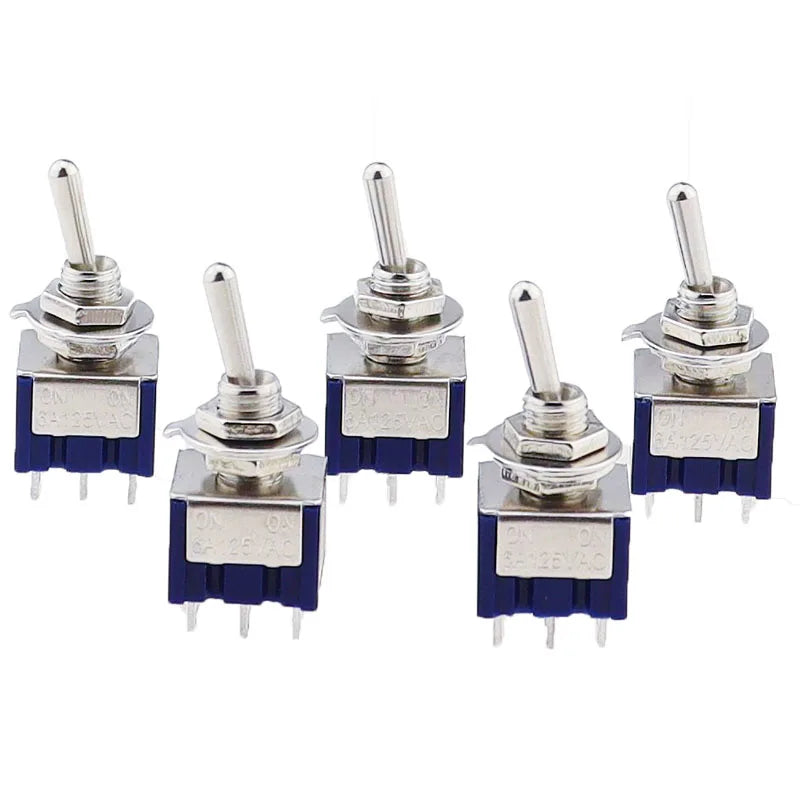 5Pcs Blue Miniature Lever Toggle Switch Single Pole Double Throw ON-OFF-ON /ON-ON 120VAC 6A 1/4 Inch Mounting MTS-102 103 202