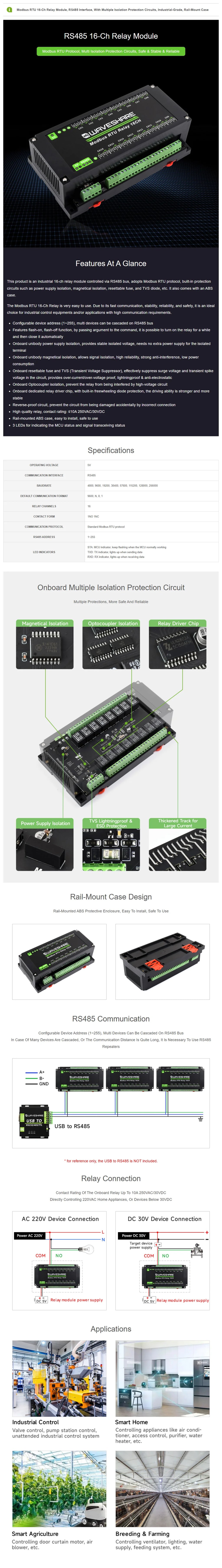 Waveshare Modbus RTU 16-Ch Relay Module, RS485 Interface, With Multiple Isolation Protection Circuits, Rail-Mount Case