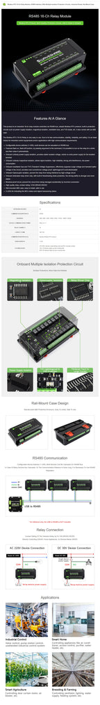 Waveshare Modbus RTU 16-Ch Relay Module, RS485 Interface, With Multiple Isolation Protection Circuits, Rail-Mount Case