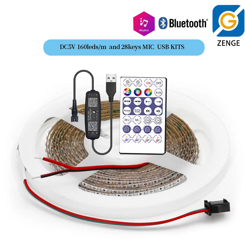 2.7mm WS2812 RGBIC LED Light 160Leds/M WS2812B 2020SMD Addressable Strip Lamp With DC/USB 28keys BT Music Led Controller DC5/12V