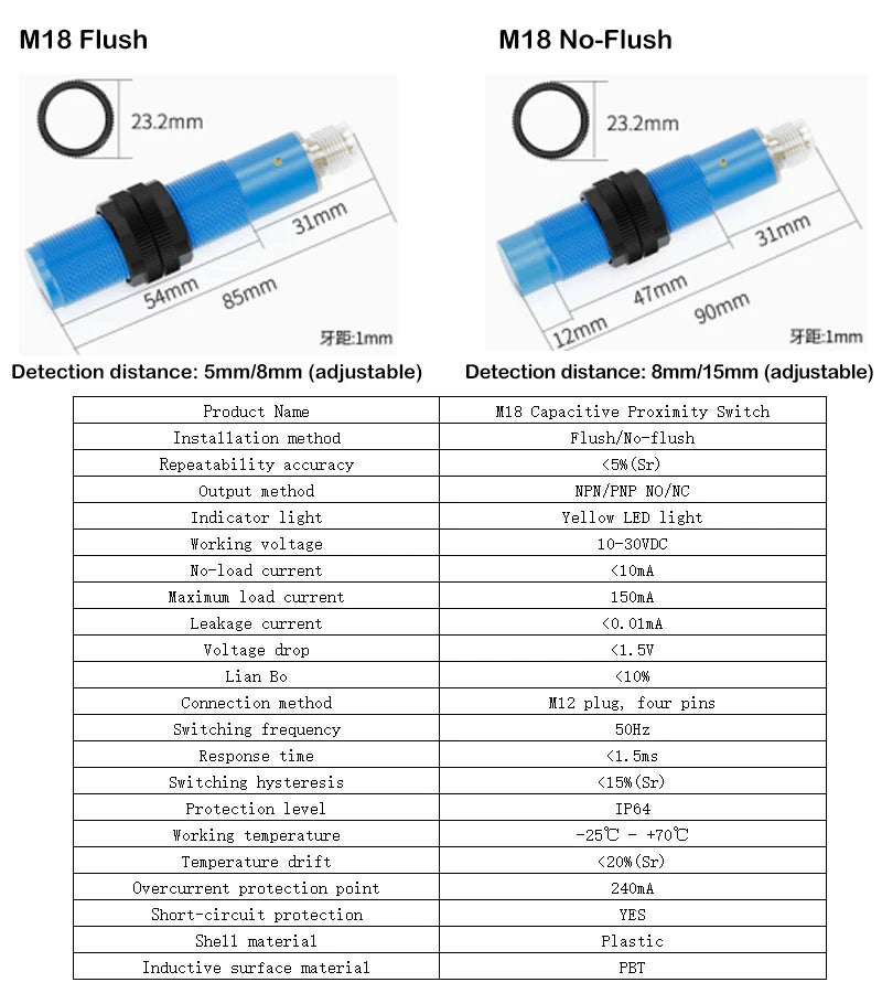 Cylindrical capacitive proximity switch with plug-in connector for detecting material liquid level with non-metallic sensing pla