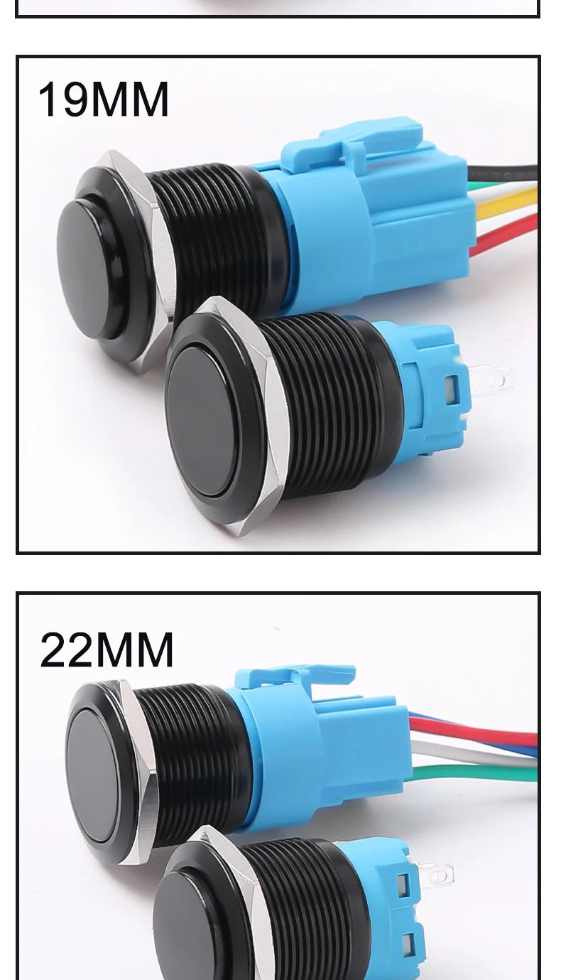 12/16/19/22MM Metal Button Switch No Lights Oxidized Black Momentary Reset Latching With Connector 12V 24V 220V