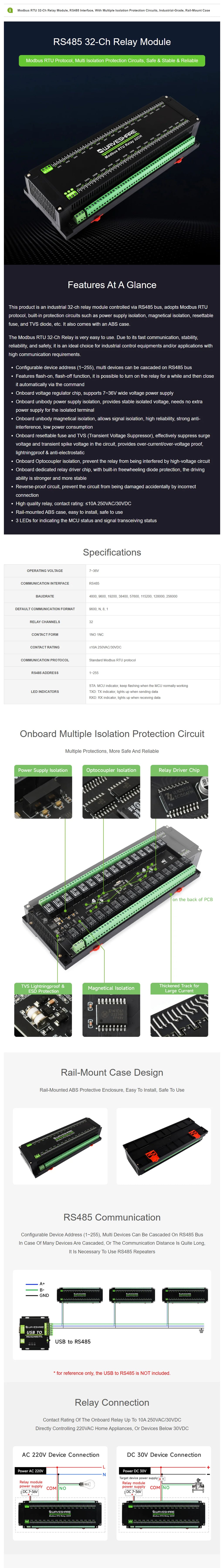 Waveshare Modbus RTU 32-Ch Relay Module, RS485 Interface, With Multiple Isolation Protection Circuits