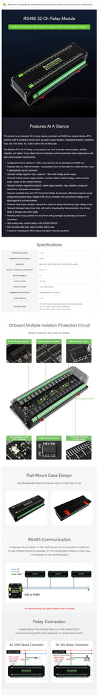Waveshare Modbus RTU 32-Ch Relay Module, RS485 Interface, With Multiple Isolation Protection Circuits