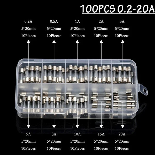 100Pcs  Fast-blow Glass Tube Fuses 5*20 Household Fuses Car Glass Tube Fuses Assorted Kit 5X20 with Box Fusiveis 0.1A-30A