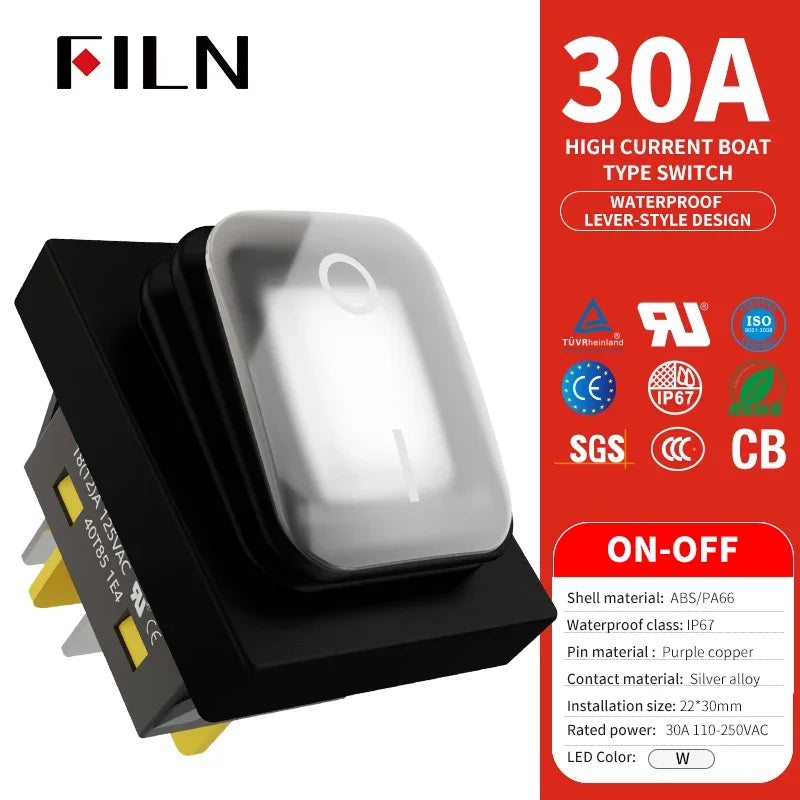 30A/250V Heavy Duty 4 Pin DPST IP67 Sealed Waterproof T85 Auto Boat Marine Toggle Rocker Switch with LED 12V 220V 30x22