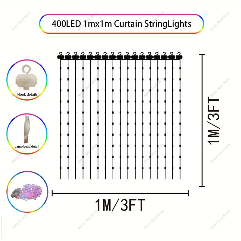 Smart Curtain Lights Bluetooth App LED String RGB Fairy Lights DIY Picture Music Change Display Christmas Halloween Decoration