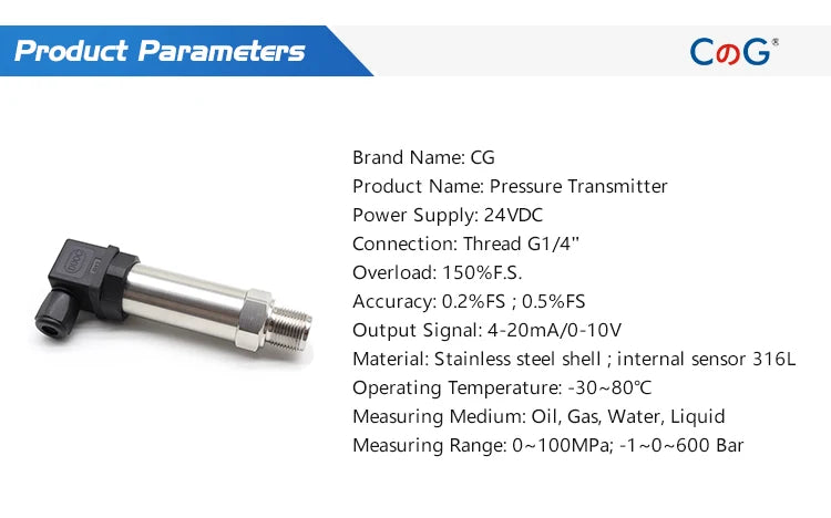 CG Diffused Silicon Pressure Transmitter Thread G 1/4" High Precision Vacuum Hydraulic Oil Pressure Sensor 4-20mA/0-10V Output