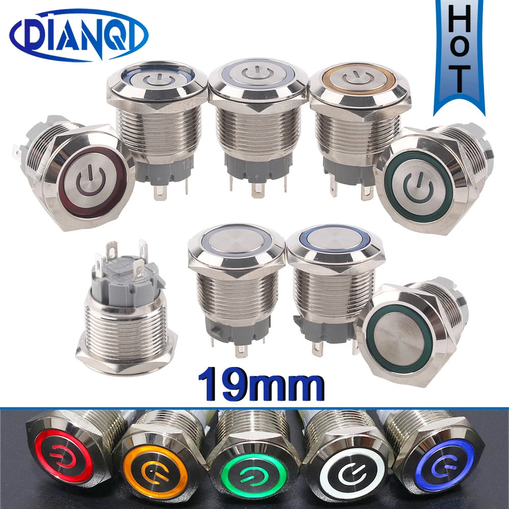 19mm Metal Push Button Switches 4Pins Short Terminals Button Latching Lock/ Self-reset 6V12V24v220V Red Green LED Light for PC