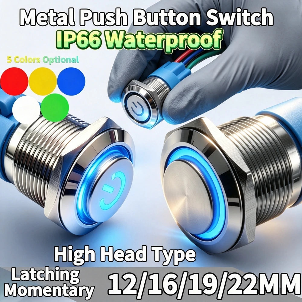 12/16/19/22mm Metal Push Button IP66 Waterproof Self Reset Latching Red LED 1NO1NC Plug Terminal 5V 12V 220V Control Switch Blue