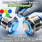 12/16/19/22mm Metal Push Button IP66 Waterproof Self Reset Latching Red LED 1NO1NC Plug Terminal 5V 12V 220V Control Switch Blue
