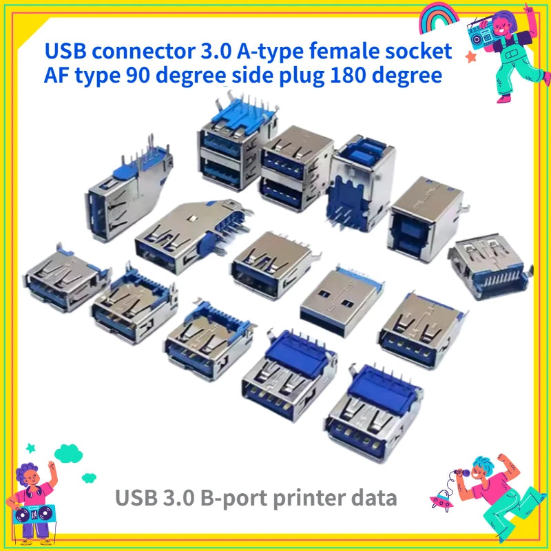 5PCS  USB Connector 3.0 A-type Female Socket AF Type 90 Degree Side Plug 180 Degree USB 3.0 B-port Printer Data