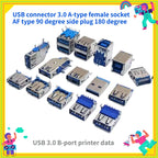 5PCS  USB Connector 3.0 A-type Female Socket AF Type 90 Degree Side Plug 180 Degree USB 3.0 B-port Printer Data