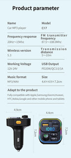 FM Transmitter Bluetooth 5.3 Handsfree Car AUX Radio Modulator MP3 Player with PD20W QC3.0 Fast Charge Adapter Car Accessories
